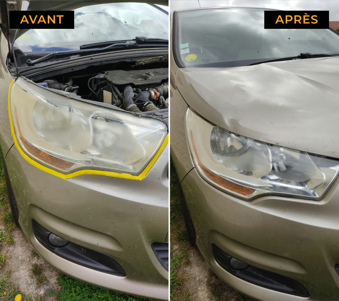 Phare de Citroën C4 opaque avant rénovation, puis clair après rénovation BrilloRenov