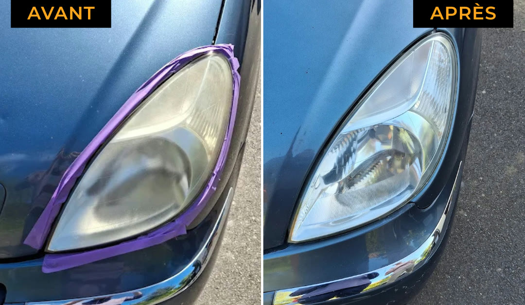 Phare de Citroën Xsara Picasso jauni avant rénovation, puis transparent après rénovation BrilloRenov